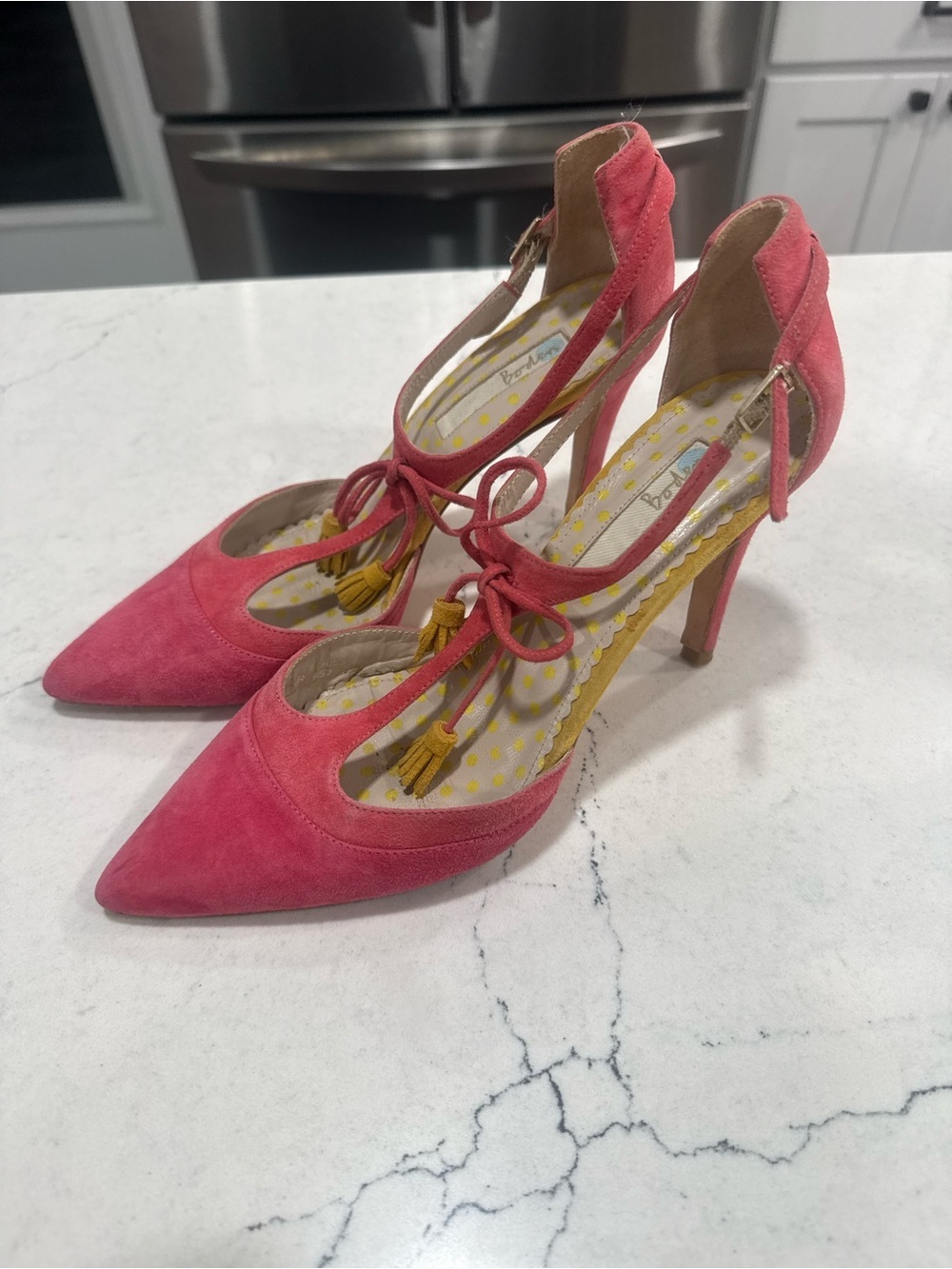 Boden “Alice” Pink Suede Ankle Strap Heels Yellow Tassels 7.5- 8 (38) - Picture 4 of 14